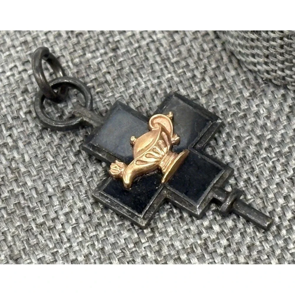 Vintage Sterling Silver Stone Inlay Cross Fob Charm with Applied Rose Gold Tone